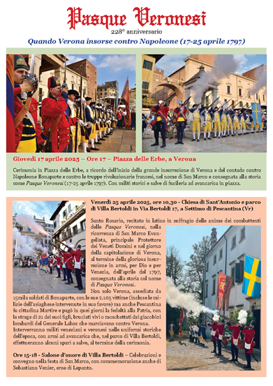 Locandina ufficiale del 228° anniversario delle Pasque Veronesi (17–25 aprile 1797), con il programma delle celebrazioni 2025 a Verona e a Villa Bertoldi di Pescantina, tra cerimonie commemorative e rievocazioni storiche.