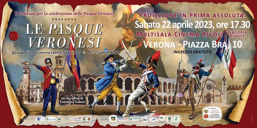 Video della prima del film Le Pasque Veronesi al Cinema Rivoli di Verona, svoltasi sabato 22 aprile 2023, con la partecipazione del pubblico e del Comitato per la celebrazione delle Pasque Veronesi.