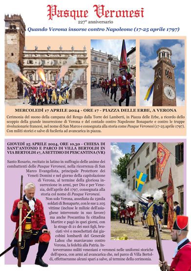 Volantino delle manifestazioni celebrative del 227º anniversario delle Pasque Veronesi 2024, con cerimonia in Piazza delle Erbe e rievocazione storica a Villa Bertoldi, Pescantina.