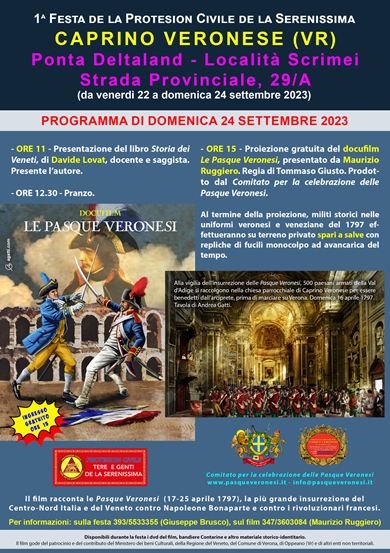Locandina della proiezione gratuita del docufilm Le Pasque Veronesi a Caprino Veronese, nell’ambito della 1ª Festa de la Protesion Civile de la Serenissima, con militi storici in uniforme veneziana del 1797.