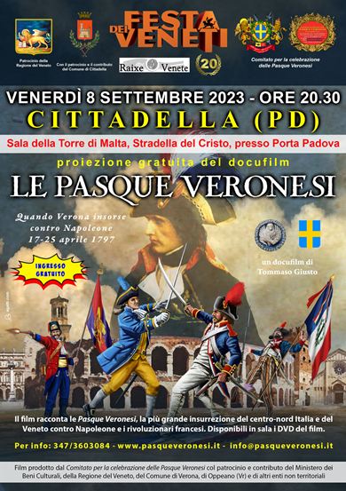 Locandina ufficiale della proiezione gratuita del docufilm Le Pasque Veronesi a Cittadella (PD), in occasione della 20ª Festa dei Veneti, presso la Sala della Torre di Malta.