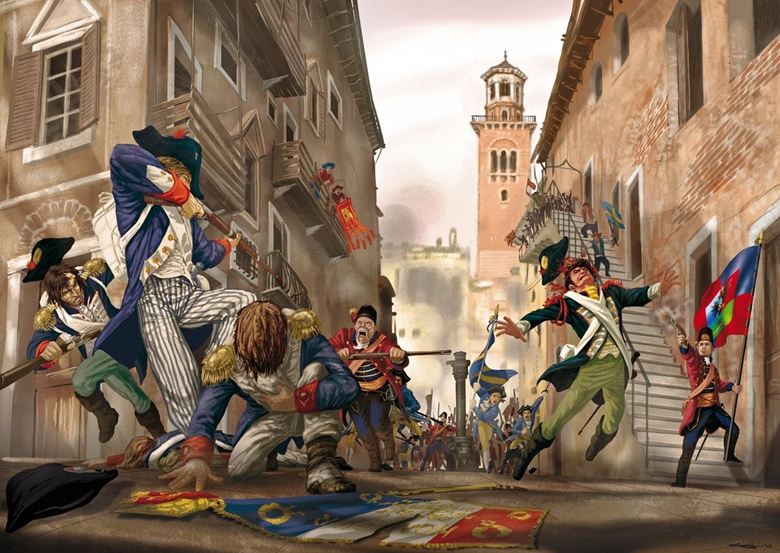 Illustrazione di combattimento tra militi “Schiavoni” veneziani e soldati francesi in Via Mazzanti (Verona) durante le Pasque Veronesi del 17 aprile 1797.