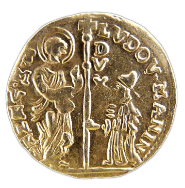 Riproduzione di una moneta antica veneziana realizzata dal Comitato per la celebrazione delle Pasque Veronesi, raffigurante San Marco e il Doge inginocchiato, simbolo della Serenissima Repubblica di Venezia.