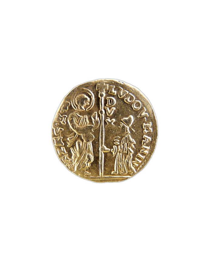Riproduzione di una moneta antica veneziana realizzata dal Comitato per la celebrazione delle Pasque Veronesi, raffigurante San Marco e il Doge inginocchiato, simbolo della Serenissima Repubblica di Venezia.