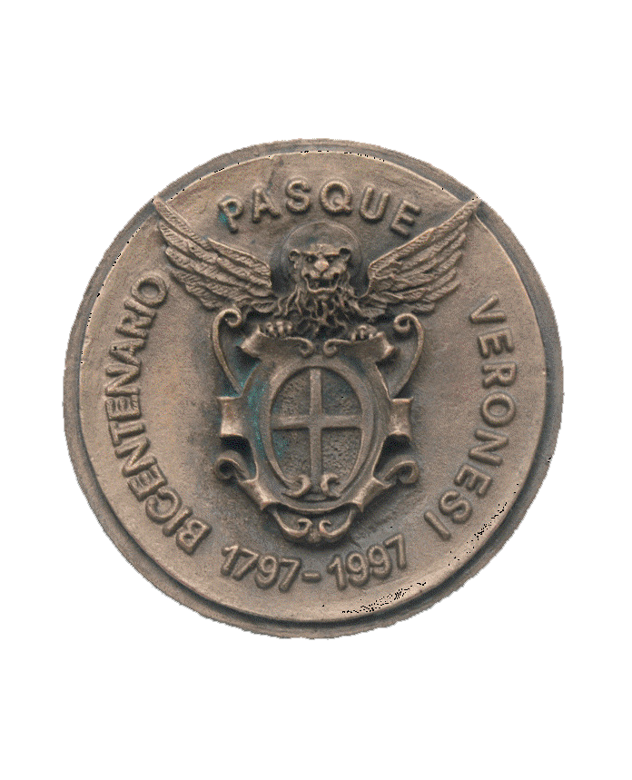 Medaglione commemorativo del Bicentenario delle Pasque Veronesi (1797–1997) con il Leone di San Marco alato e lo stemma di Verona.