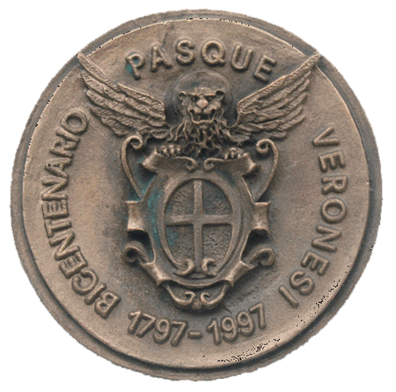 Medaglione commemorativo del Bicentenario delle Pasque Veronesi (1797–1997) con il Leone di San Marco alato e lo stemma di Verona.